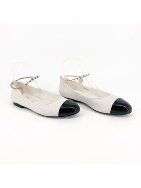 Chanel CC Camellia Ankle Chain White Cap Toe Ballet Flats Size 37.5 US 6.5-7